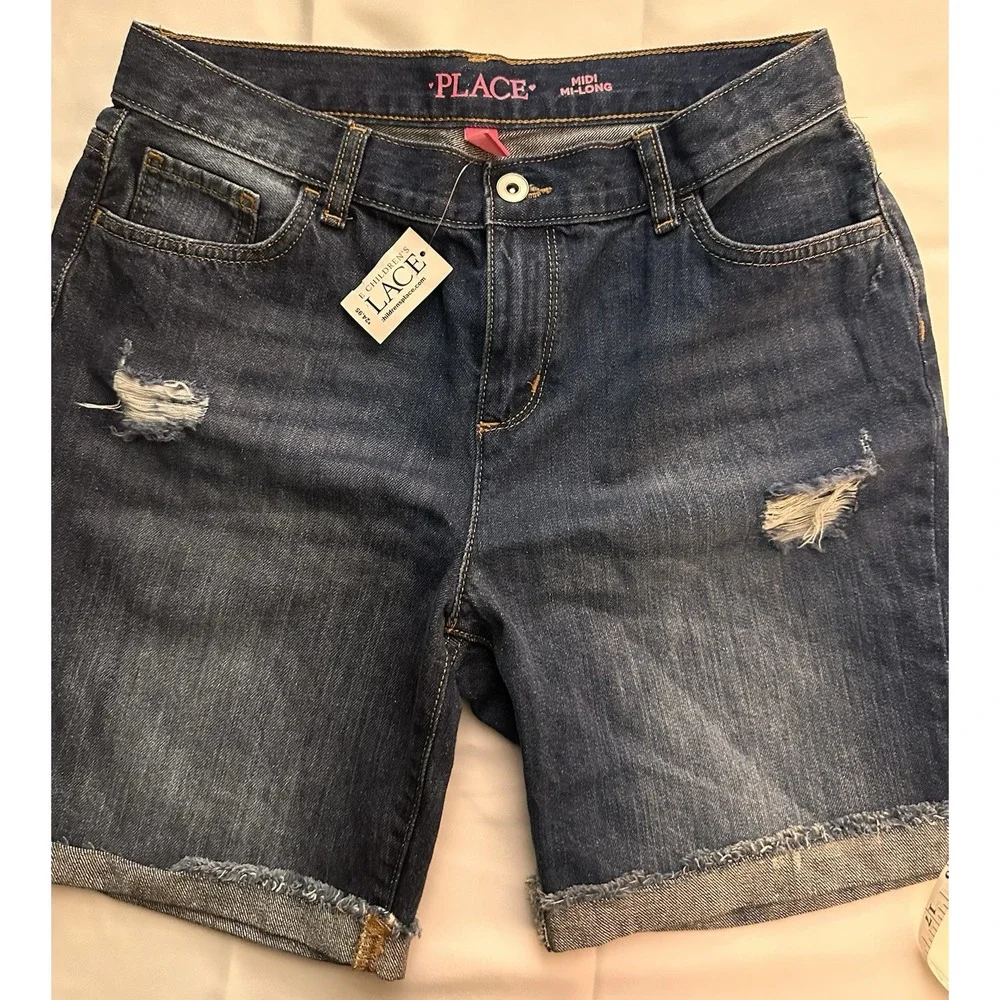 The Children's Place Girls Blue Denim Bermuda Shorts Size 16 Medium Wash Cuffed